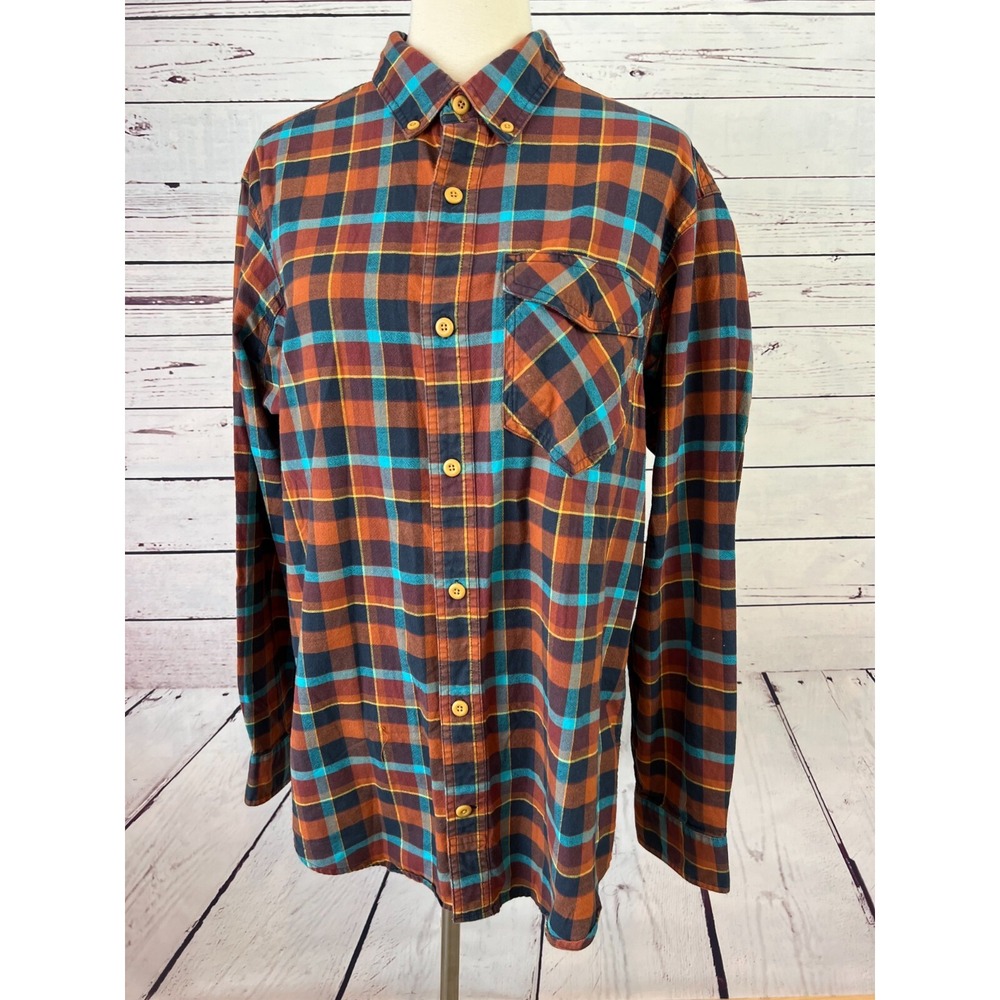 Duluth Trading Flannel Shirt Button Down Mens Large Orange Teal Plaid Slim Fit
